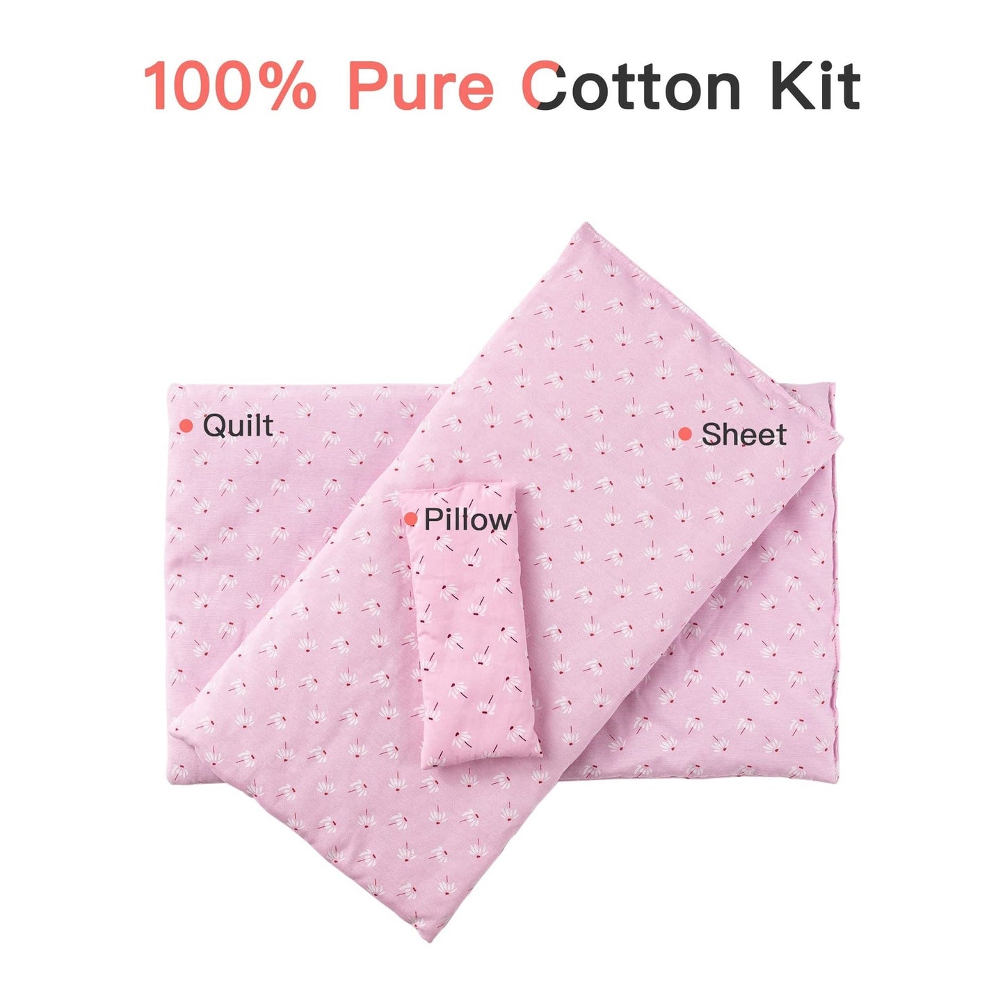Pink doll bedding set with labeled pillow, quilt, and sheet made of 100% cotton