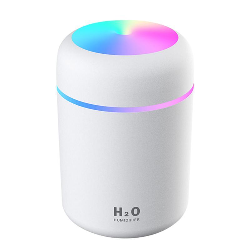 White USB air humidifier with multicolor LED light on top and soft side glow, sleek and portable design