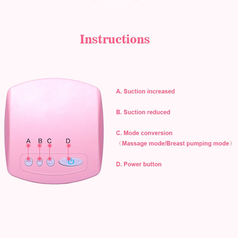 Breast pump control panel instructions with suction and mode buttons