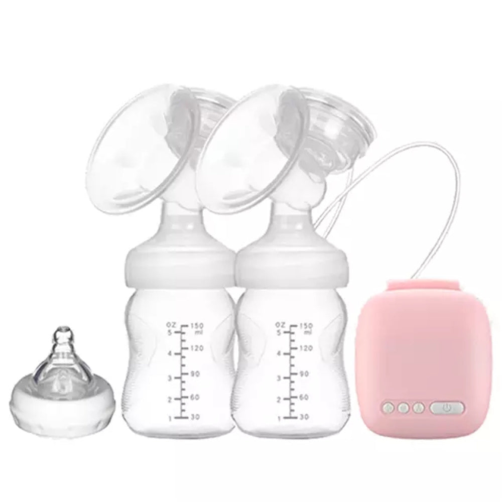 Double electric breast pump with two bottles and nipple attachment