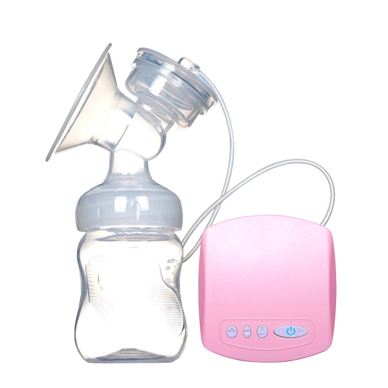 Electric breast pump with pink control unit and milk bottle