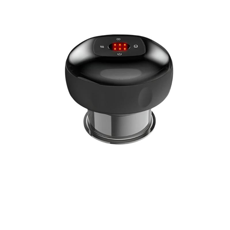 Front view of black electric cupping massager with red light indicators on white background