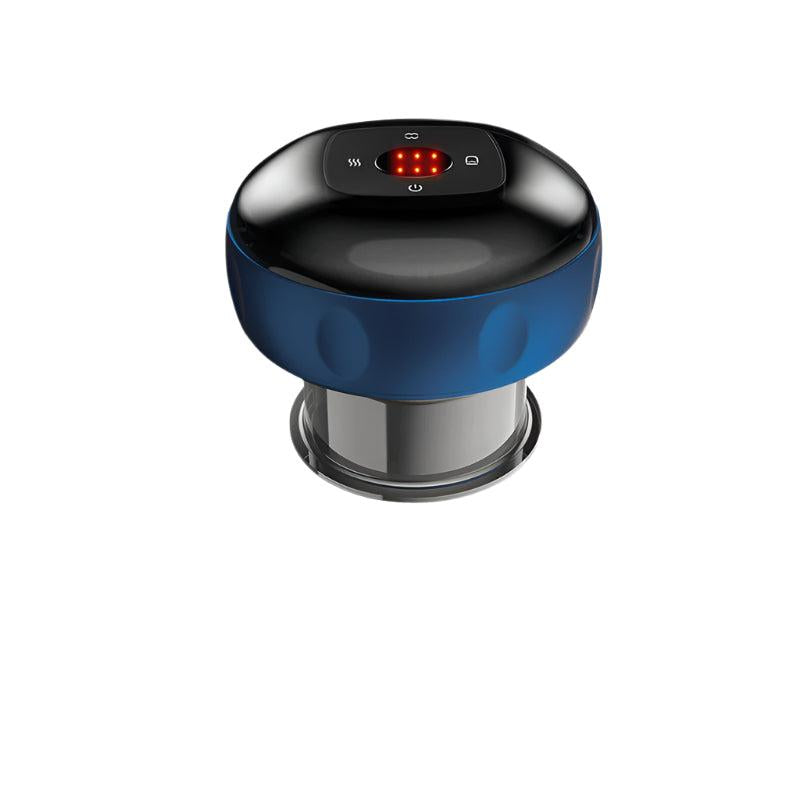 Front view of blue electric cupping massager with red light indicators on white background