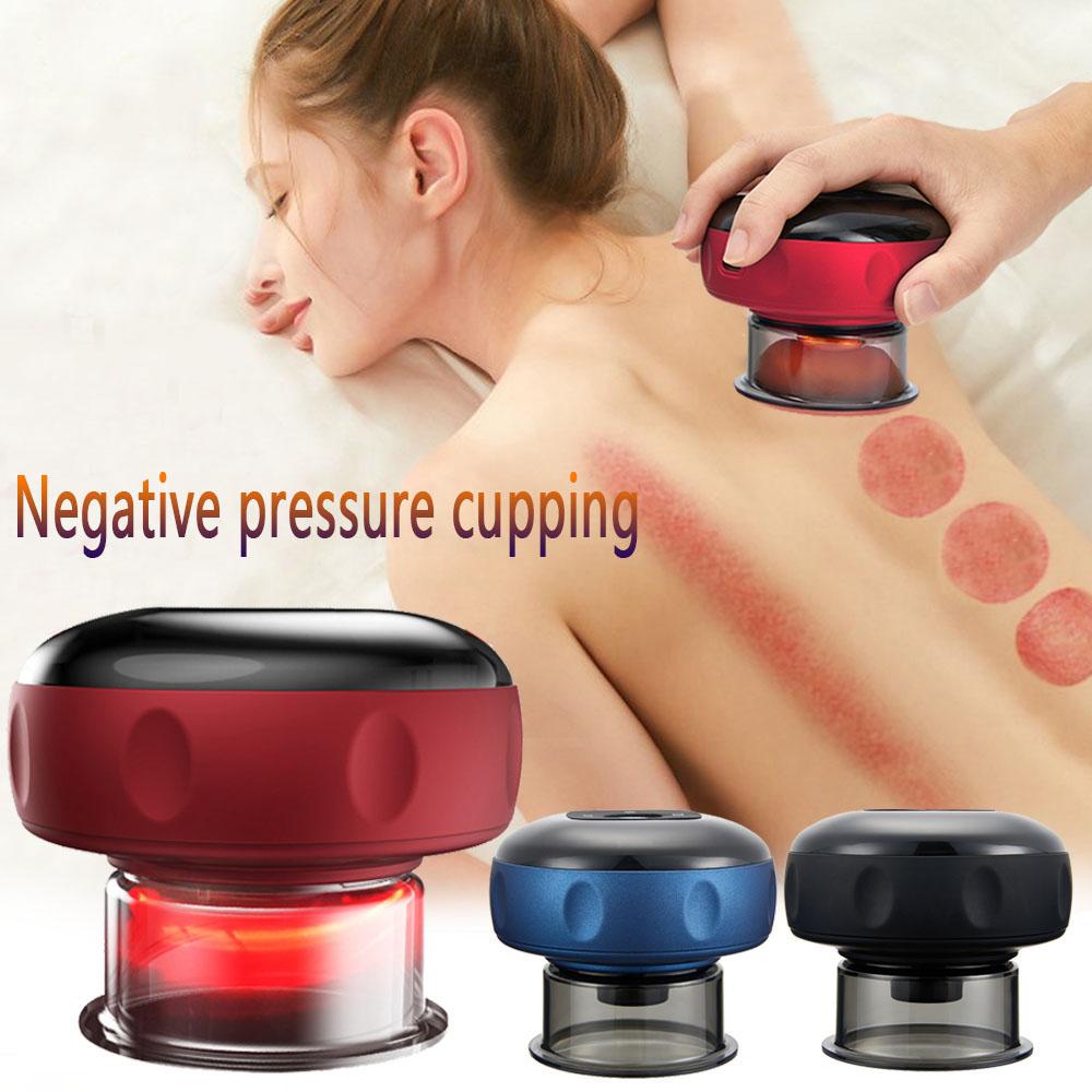 Electric cupping massager in use on back with cupping marks and 'Negative pressure cupping' text and product variants shown