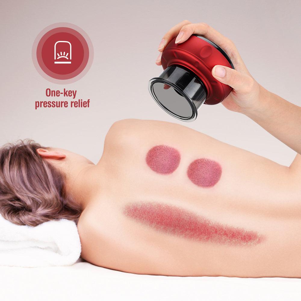 Electric cupping massager being used on back with visible red marks and 'One-key pressure relief' icon and text
