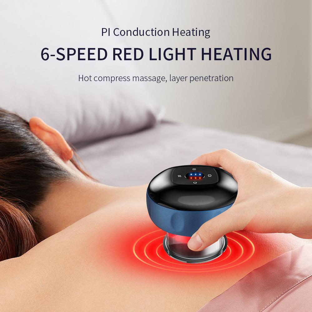 Electric cupping massager in use on back with red light heating effect and text '6-speed red light heating' shown