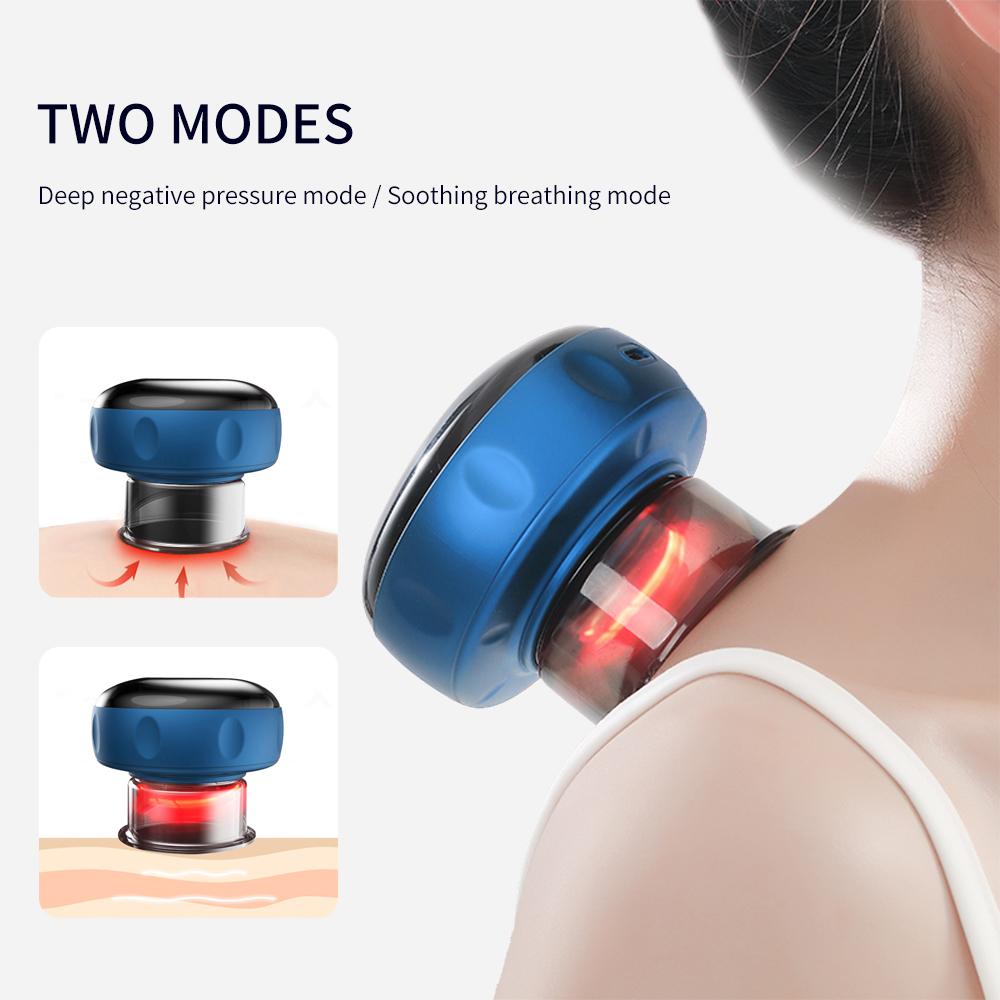 Electric cupping massager in use on shoulder with text 'Two modes' and illustrations of deep negative pressure and soothing breathing modes