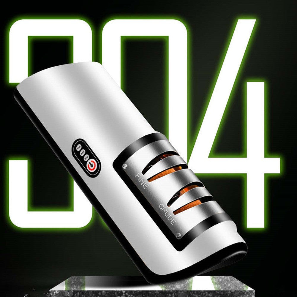 Close-up of the electric knife sharpener with visible dual sharpening slots and power button, displayed on a glowing background.