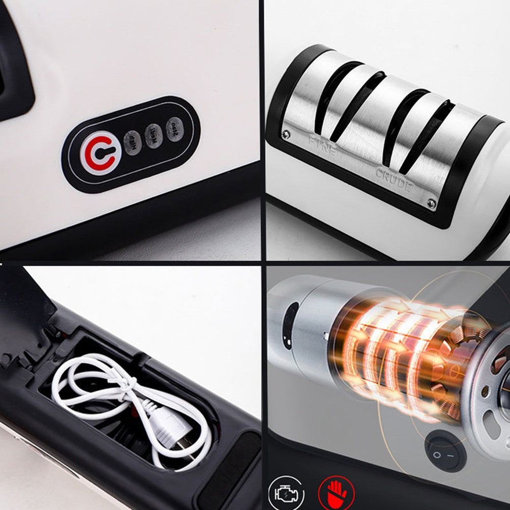Close-up collage showing the power button, sharpening slots, internal motor, and USB charging cable of the electric knife sharpener.