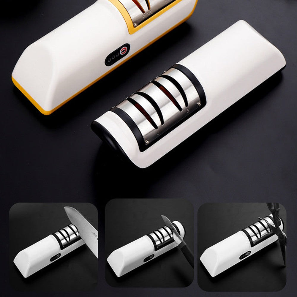 Multiple views of the electric knife sharpener, showing sharpening of knives and scissors on a black background.