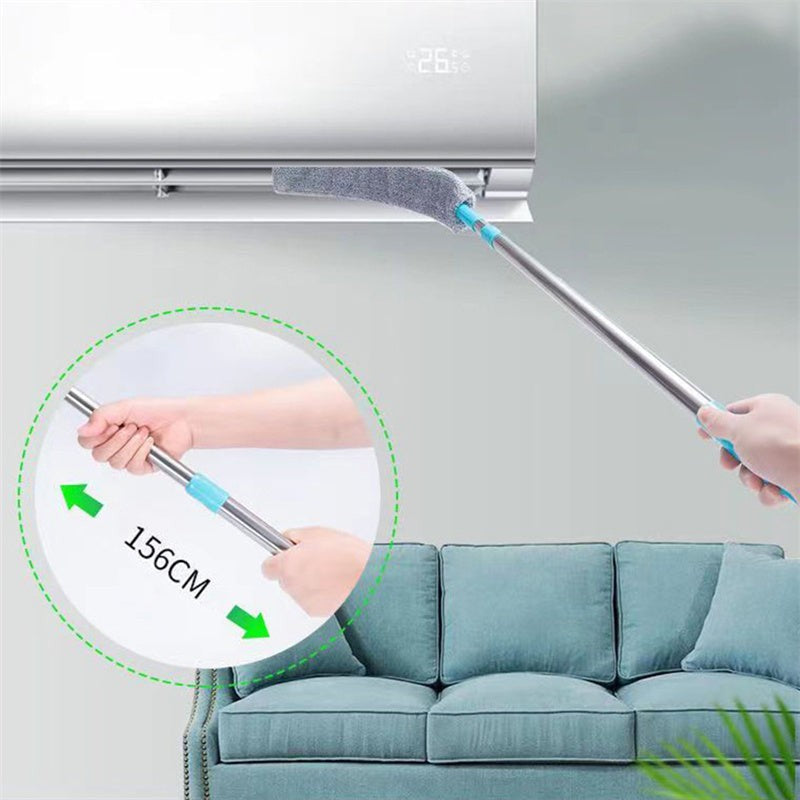 Flat microfiber dust mop cleaning air conditioner vent, extendable handle shown with 156cm length