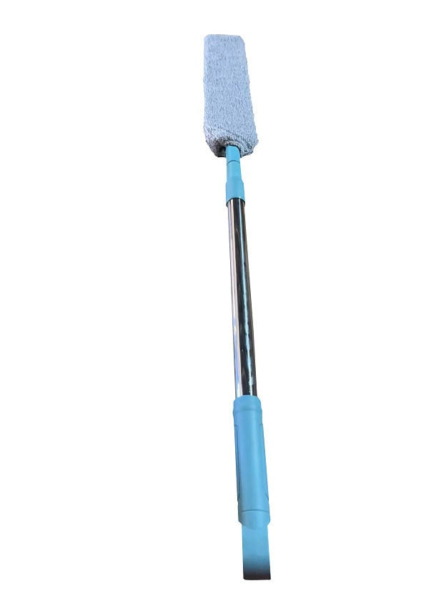 Front view of flat microfiber dust mop with blue handle and stainless steel pole on white background