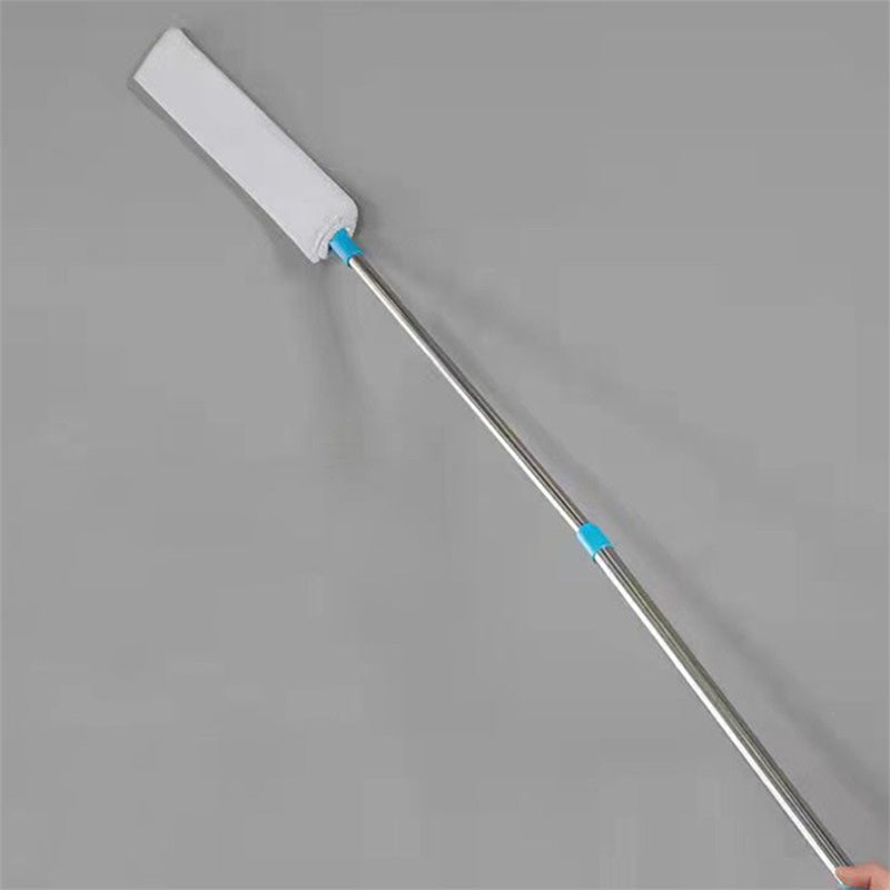 Full view of flat microfiber dust mop with extendable handle on gray background