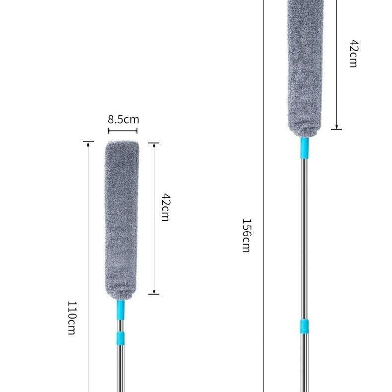 Flat microfiber dust mop with extendable handle showing dimensions 110cm to 156cm and 8.5cm wide mop head