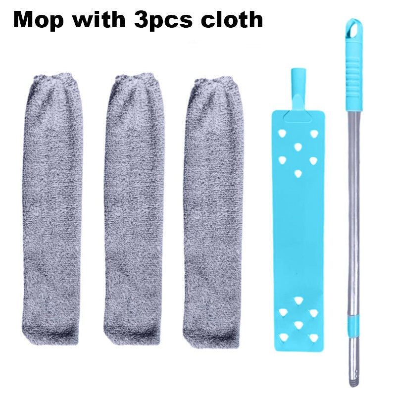 Flat microfiber dust mop set with 3 replacement pads, detachable base, and handle parts