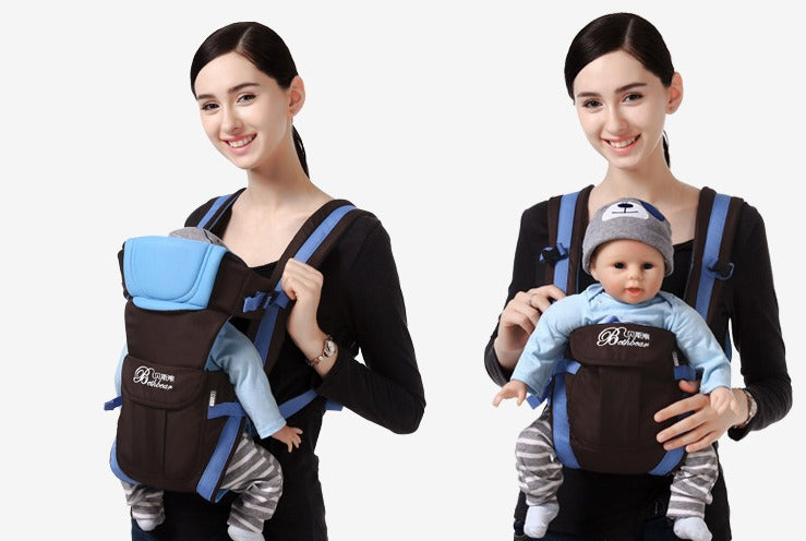 Parent demonstrating two carrying positions with the Four Seasons Baby Carrier for newborns and toddlers