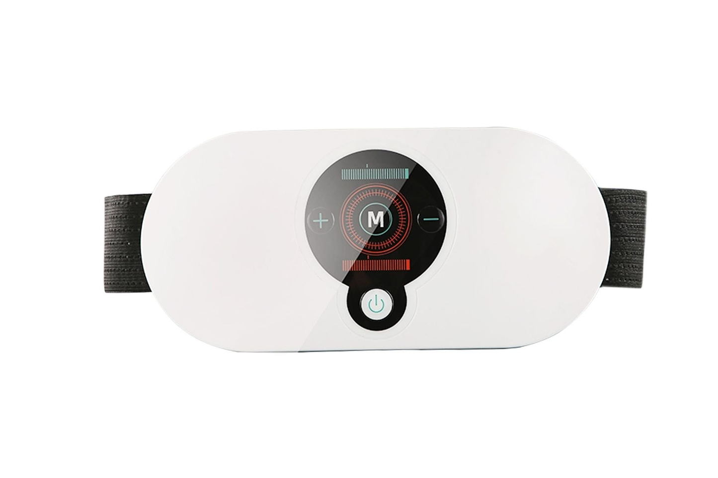 Front view of a digital heating massager with display and adjustable strap