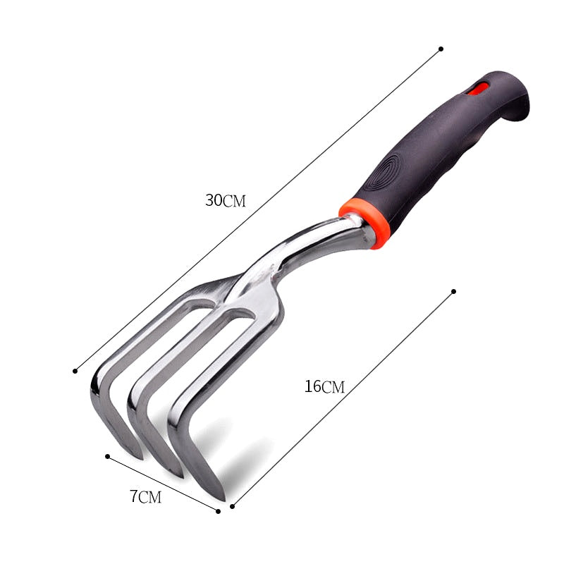 Garden hand rake with black handle and visible size measurements: 30 cm length, 16 cm head, 7 cm width