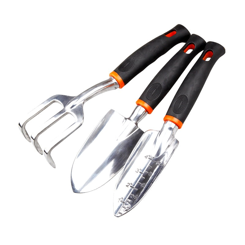 3-piece garden hand tool set with ergonomic black and orange handles