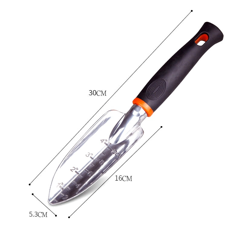 Garden trowel with measurement markings and dimensions: 30 cm total length, 16 cm blade, 5.3 cm width