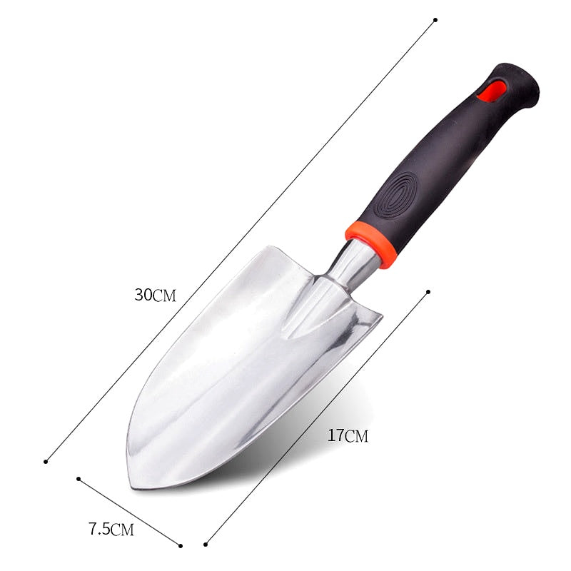Wide garden trowel with visible dimensions: 30 cm length, 17 cm blade, 7.5 cm width