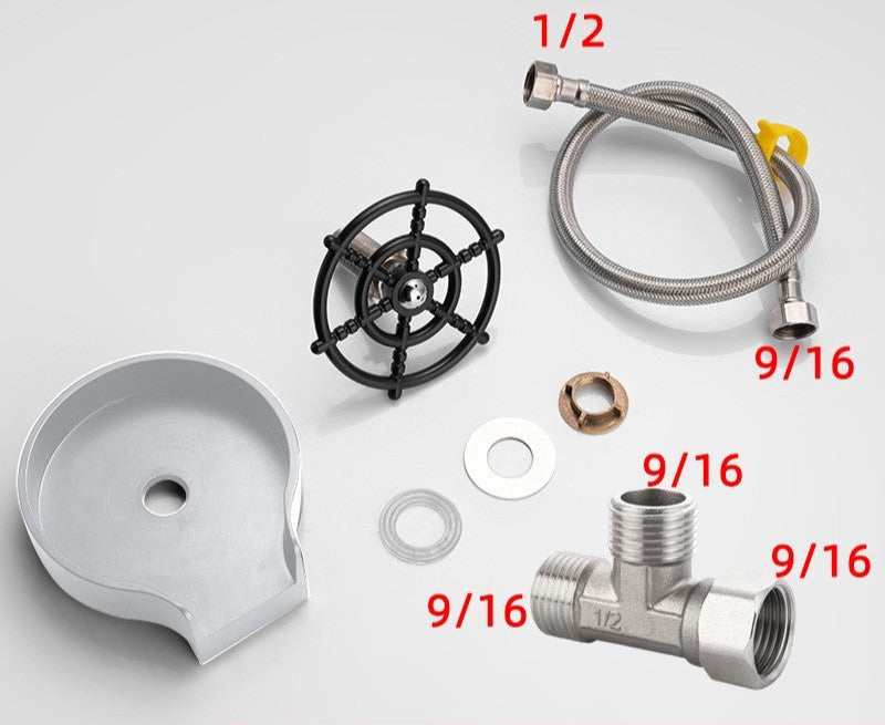 Complete glass rinser parts kit with silver base, spray head, hoses, T-connector, and washers, displayed on a light background.