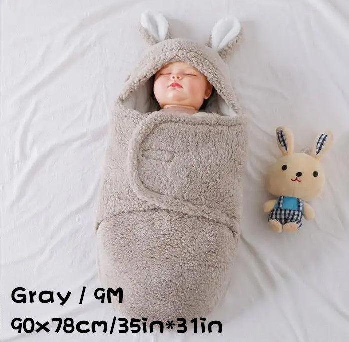 Gray fluffy baby swaddle sleeping bag with bunny ears, size 9M