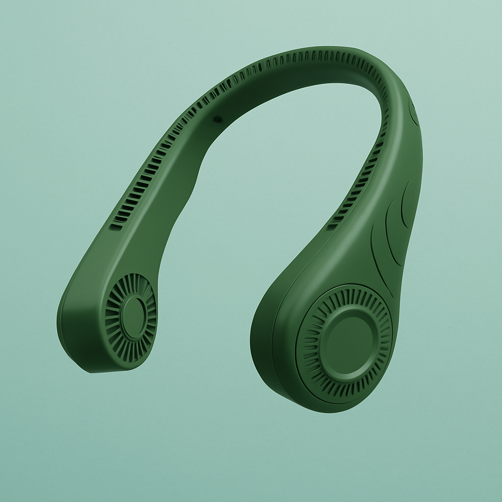 Green portable neck fan with bladeless design on a clean pastel background