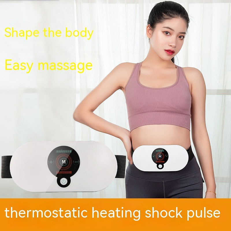 Slimming heating belt showcased on model with text: "Shape the body", "Easy massage", and "thermostatic heating shock pulse"