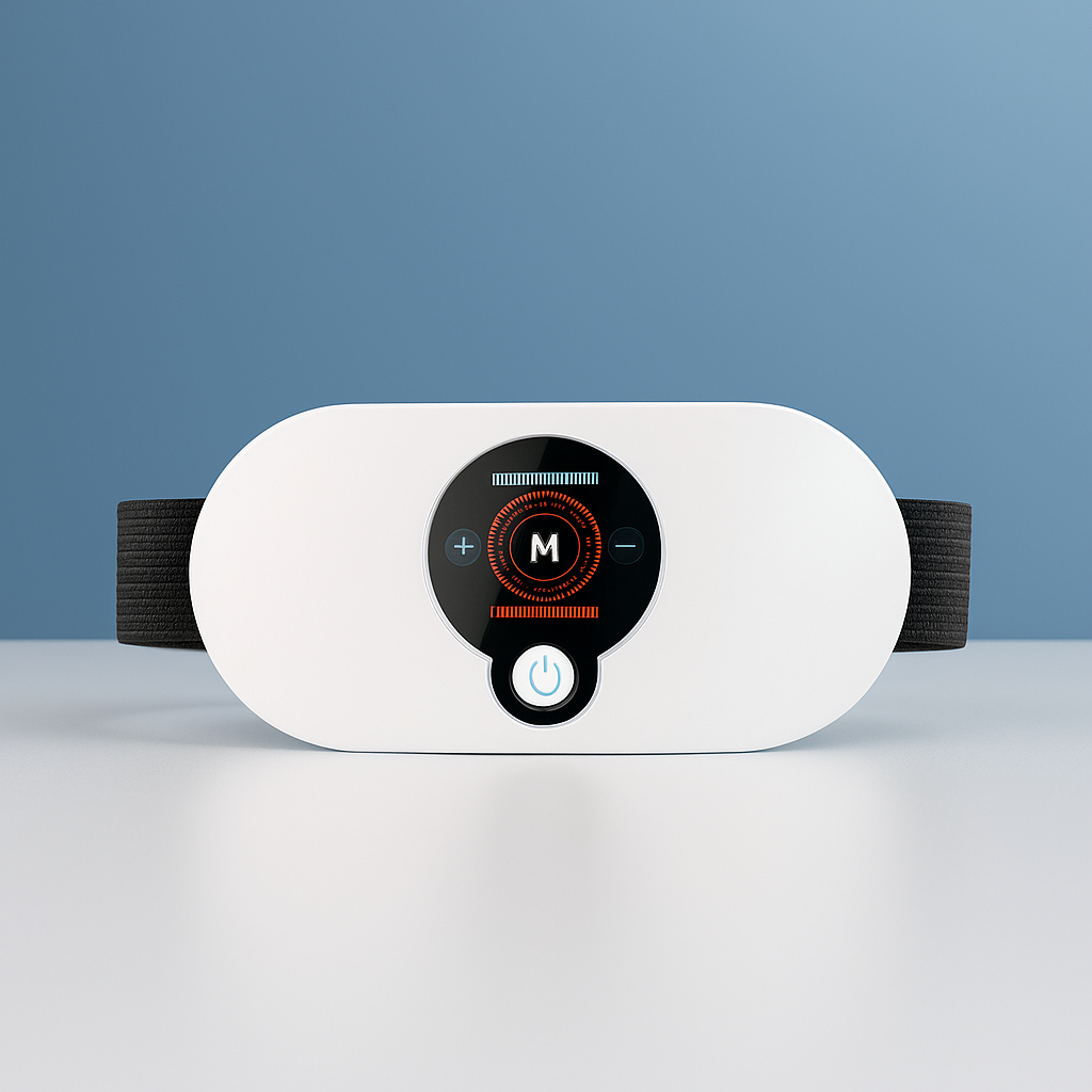 Electronic heating massager displayed on a white surface with a gradient blue background, highlighting its control panel and strap