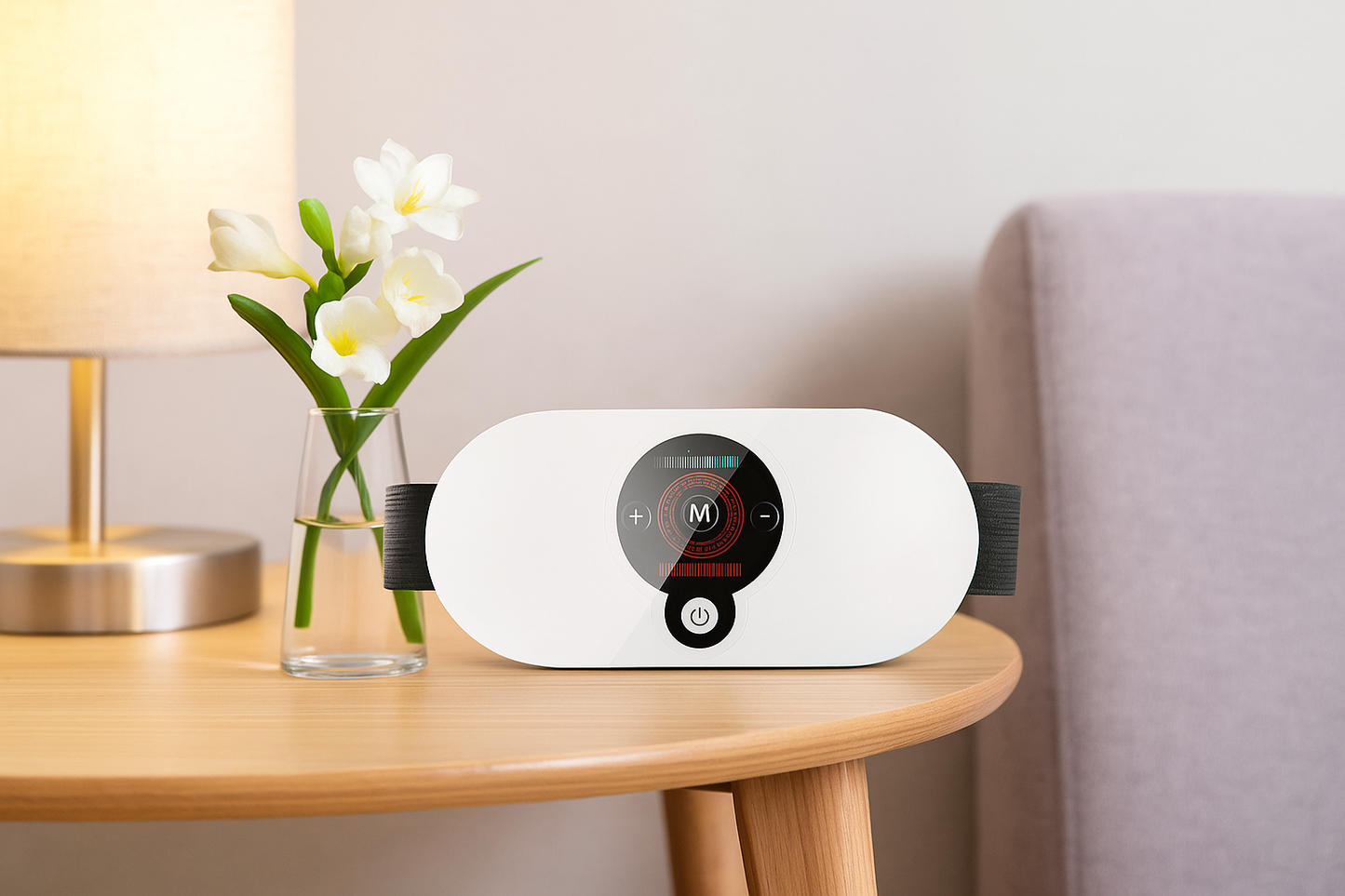 Heating massager placed on a wooden side table next to a lamp and fresh white flowers in a minimalistic home setting