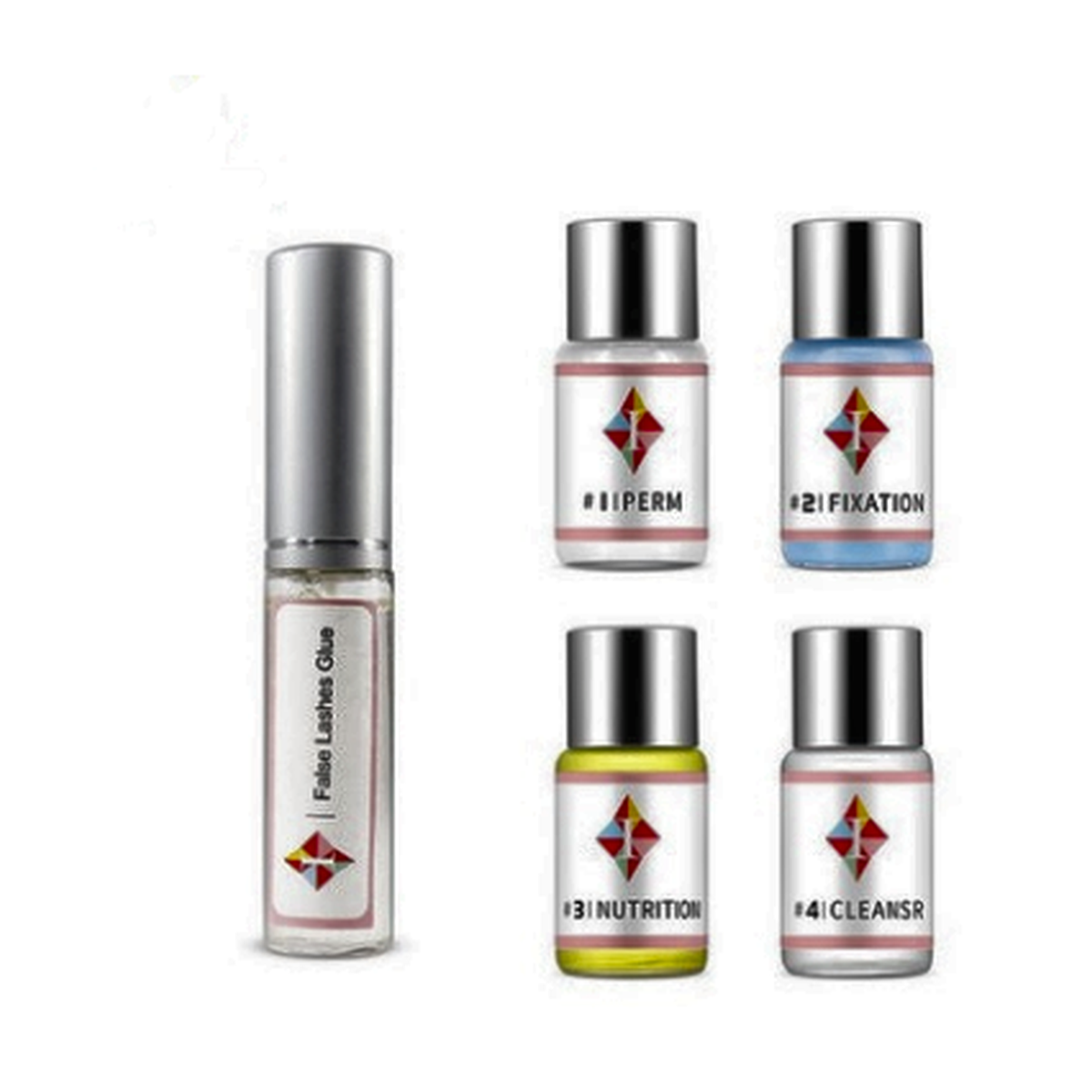 Set of five lash lift bottles including glue, perm, fixation, nutrition, and cleanser, displayed on a white background.