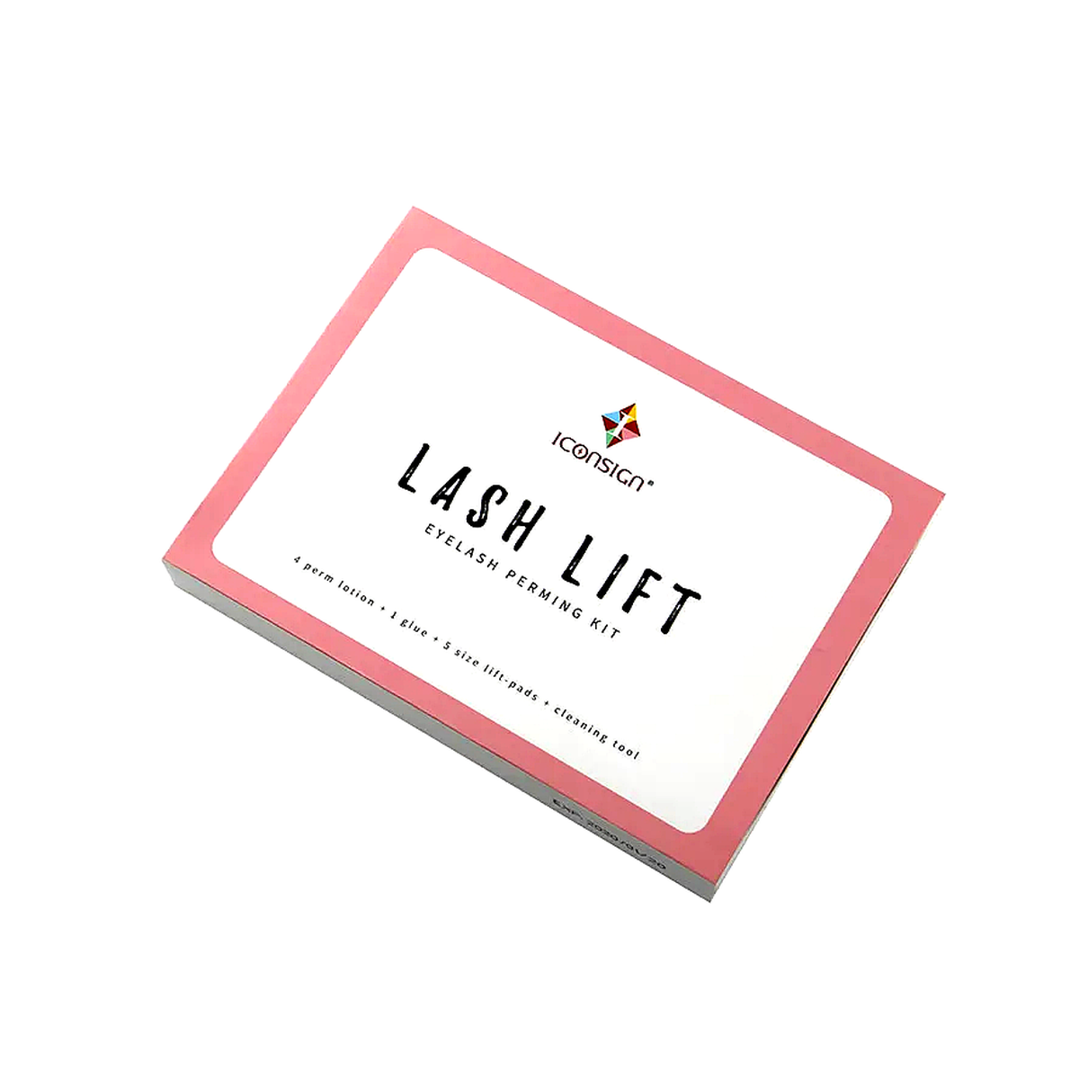Angled view of the ICONSIGN Lash Lift Kit closed box with pink border and bold black text, displayed on a white background.