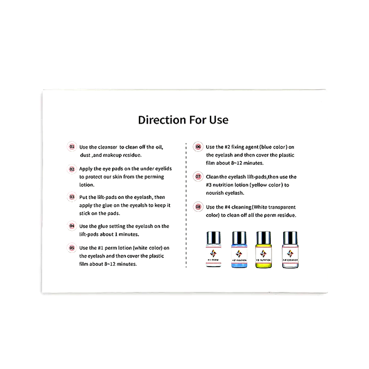 Lash lift kit instruction card with step-by-step directions and visual reference of five product bottles, displayed on a white background.