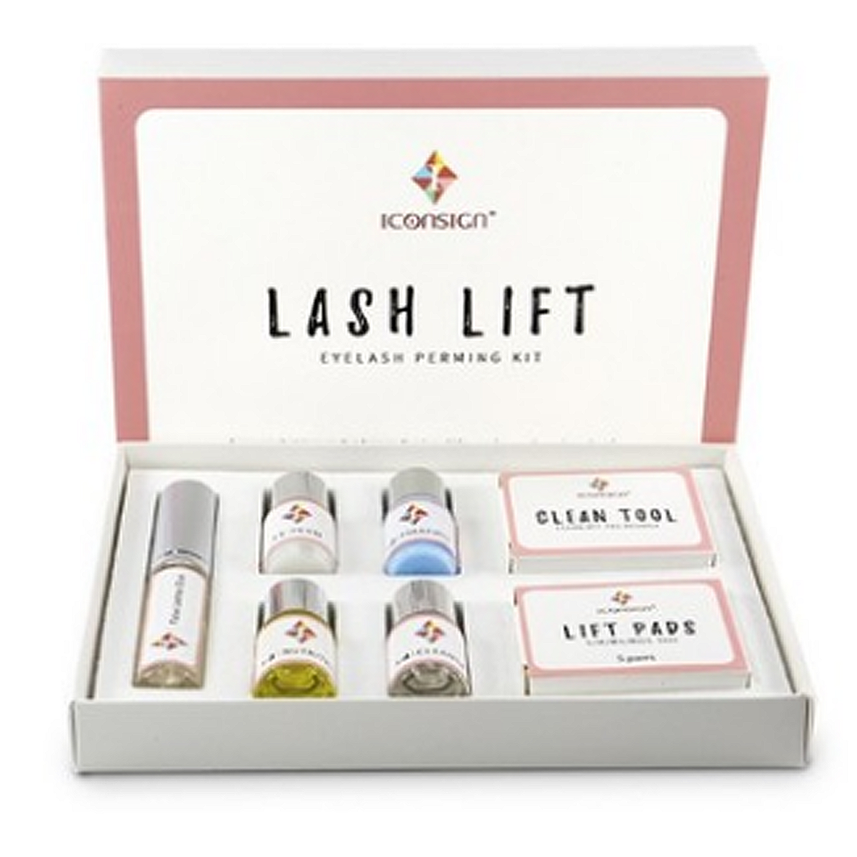 ICONSIGN Lash Lift Kit with open box displaying five labeled bottles and two accessory boxes, presented on a clean white background.