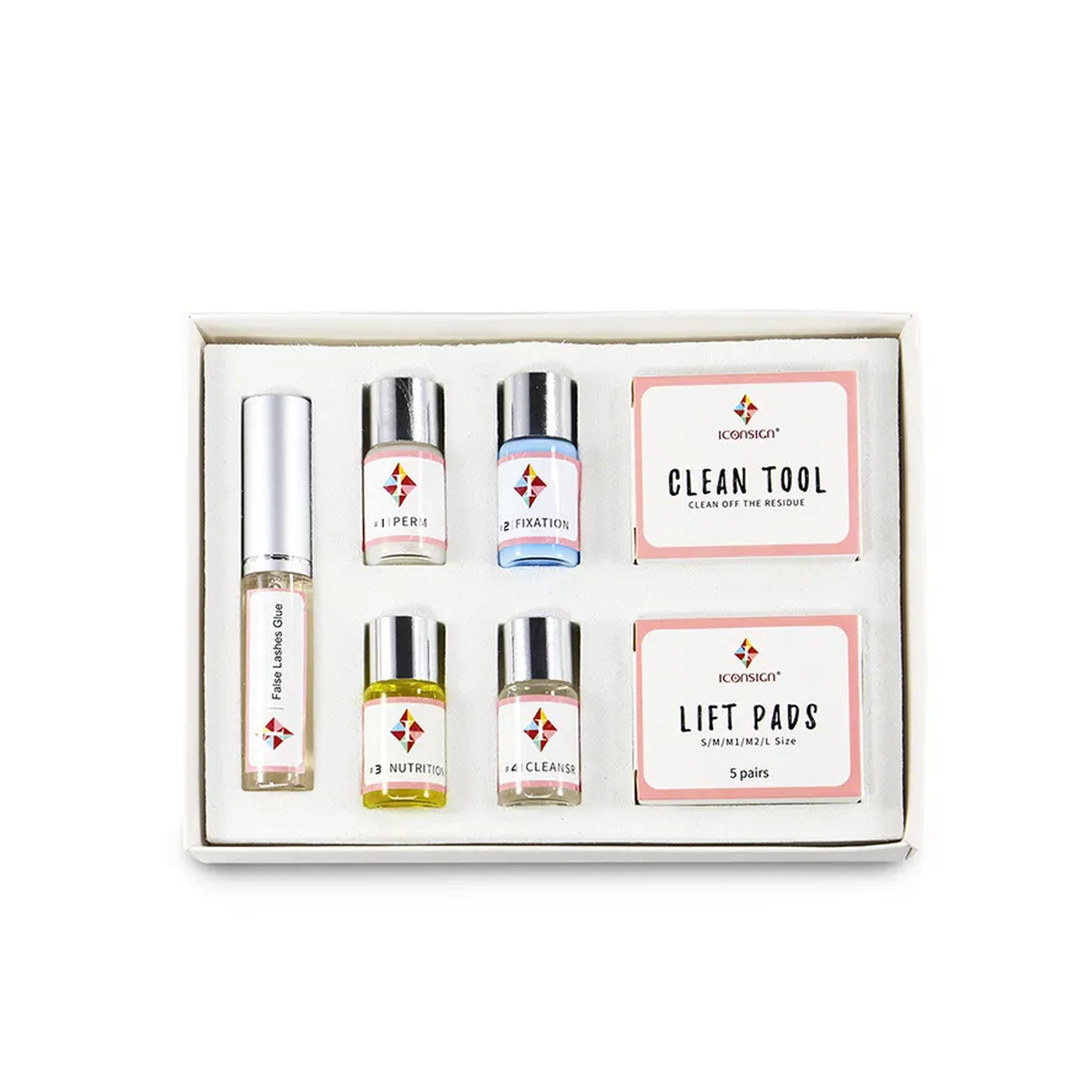 Lash Lift Kit with five bottles and two accessory boxes, neatly arranged in an open white case on a clean white background.