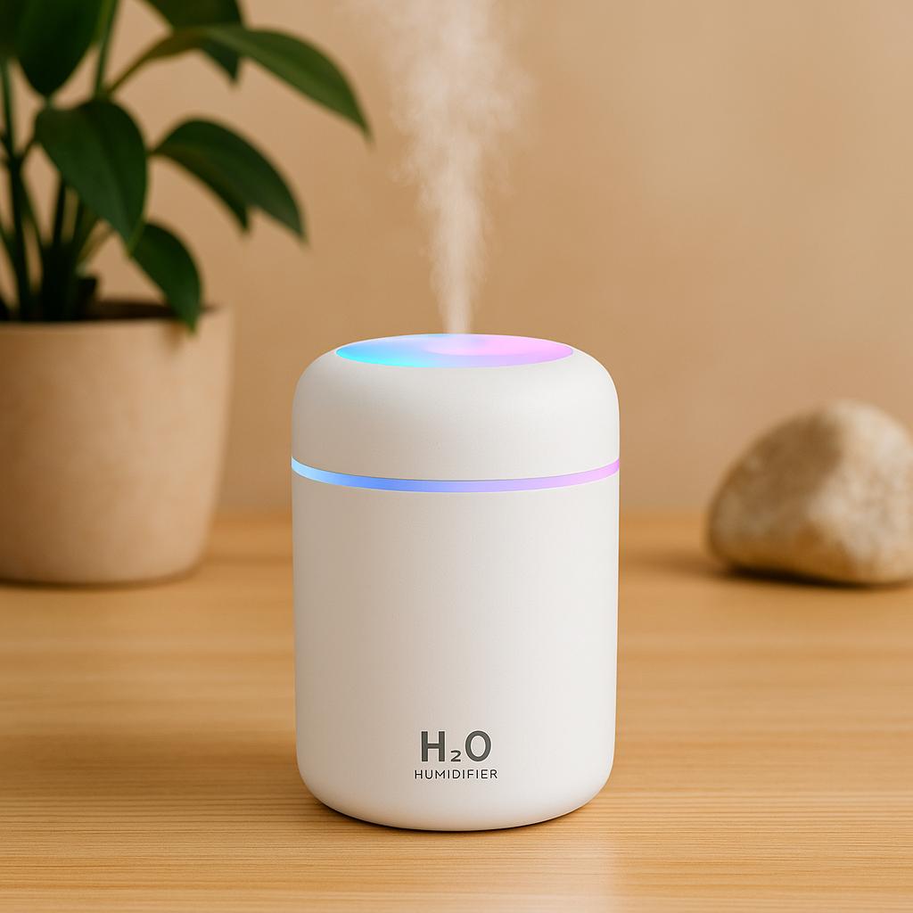 White H2O humidifier emitting mist on a wooden surface with a plant and a stone in a cozy setting