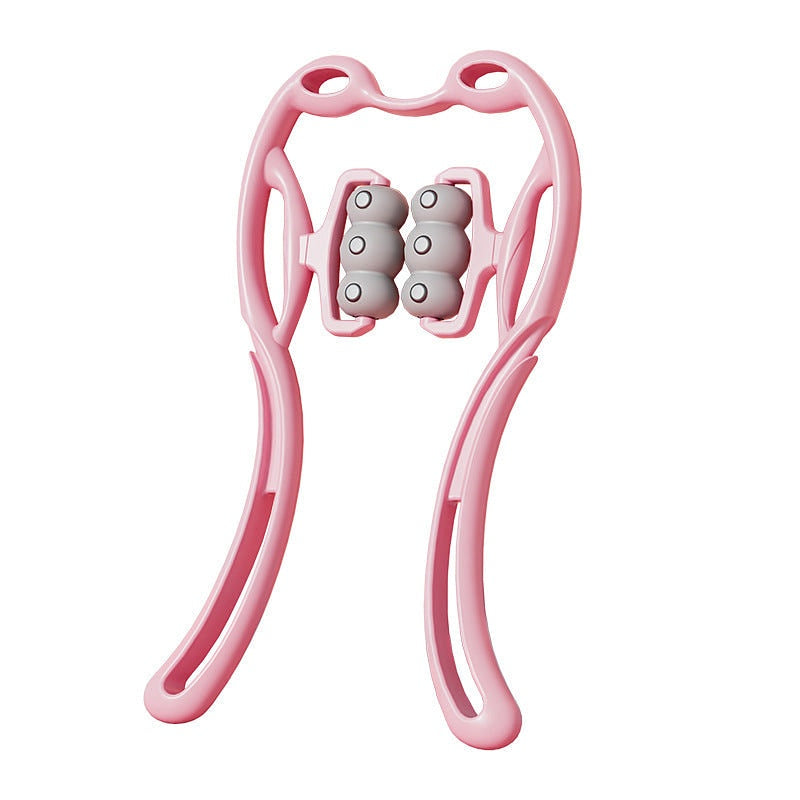 Front view of a pink magnetic therapy neck massager with six massage rollers
