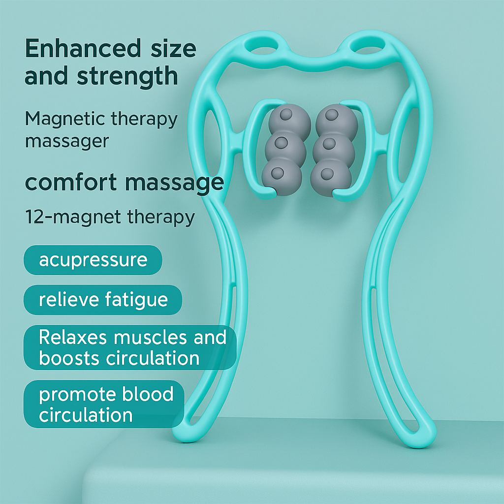 Magnetic therapy neck massager with labeled benefits such as acupressure, fatigue relief, and improved circulation