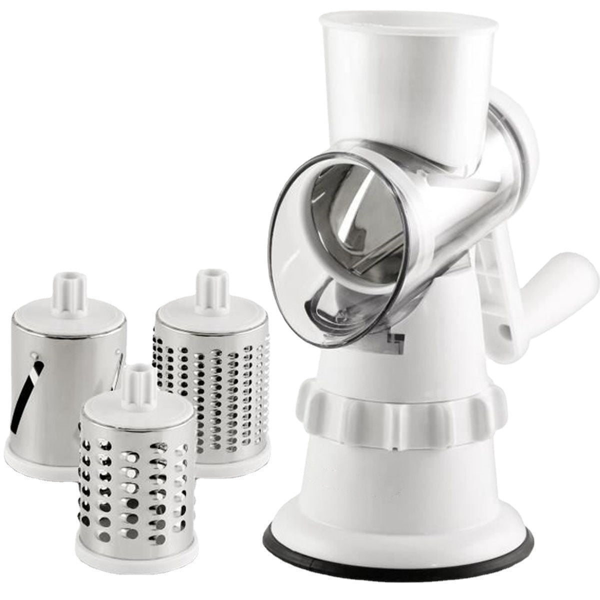 Manual rotary vegetable grater set with three stainless steel drum blades and white plastic base.
