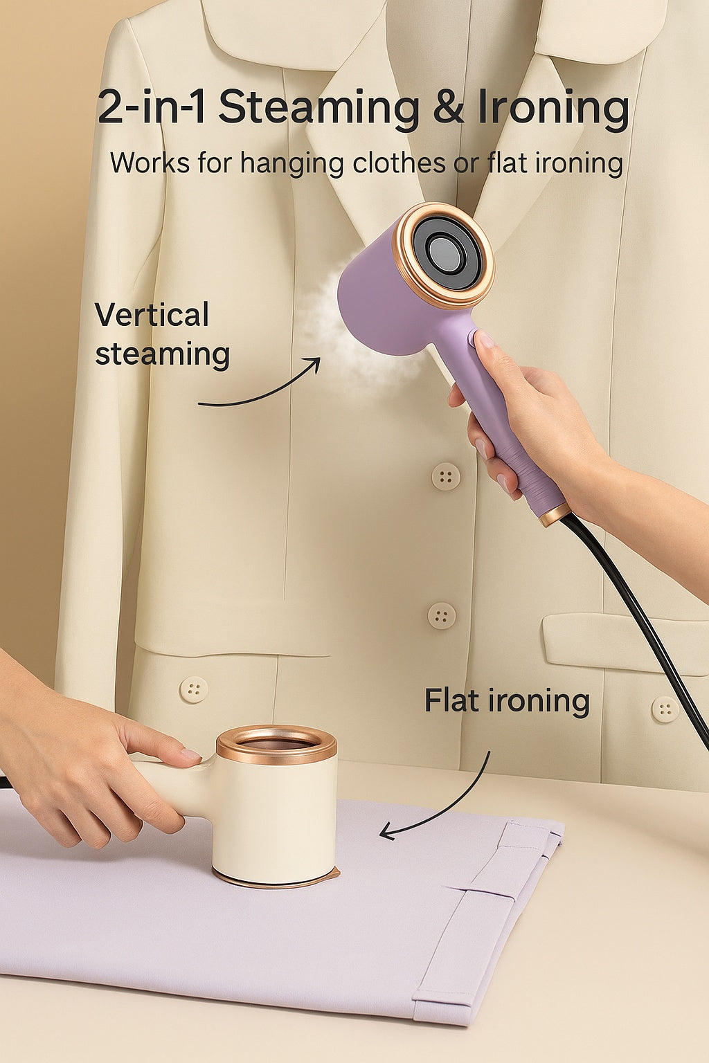 Mini portable handheld garment steamer used for both flat and hanging ironing, demonstrating 2-in-1 functionality.