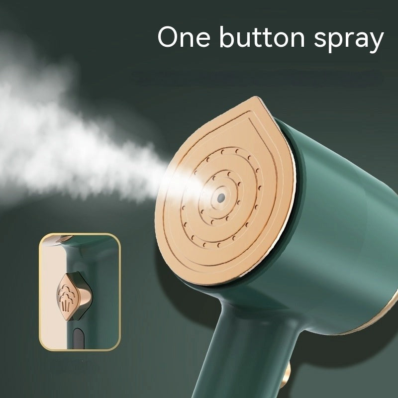 Portable Handheld Garment Steamer green – close-up nozzle with steam spray