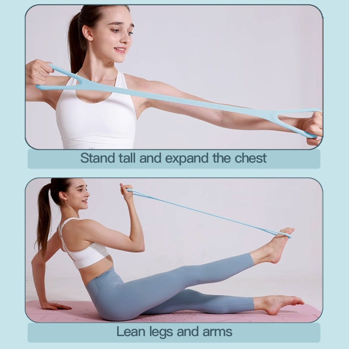 Woman demonstrating exercises with mini resistance bands – chest expansion and leg workout
