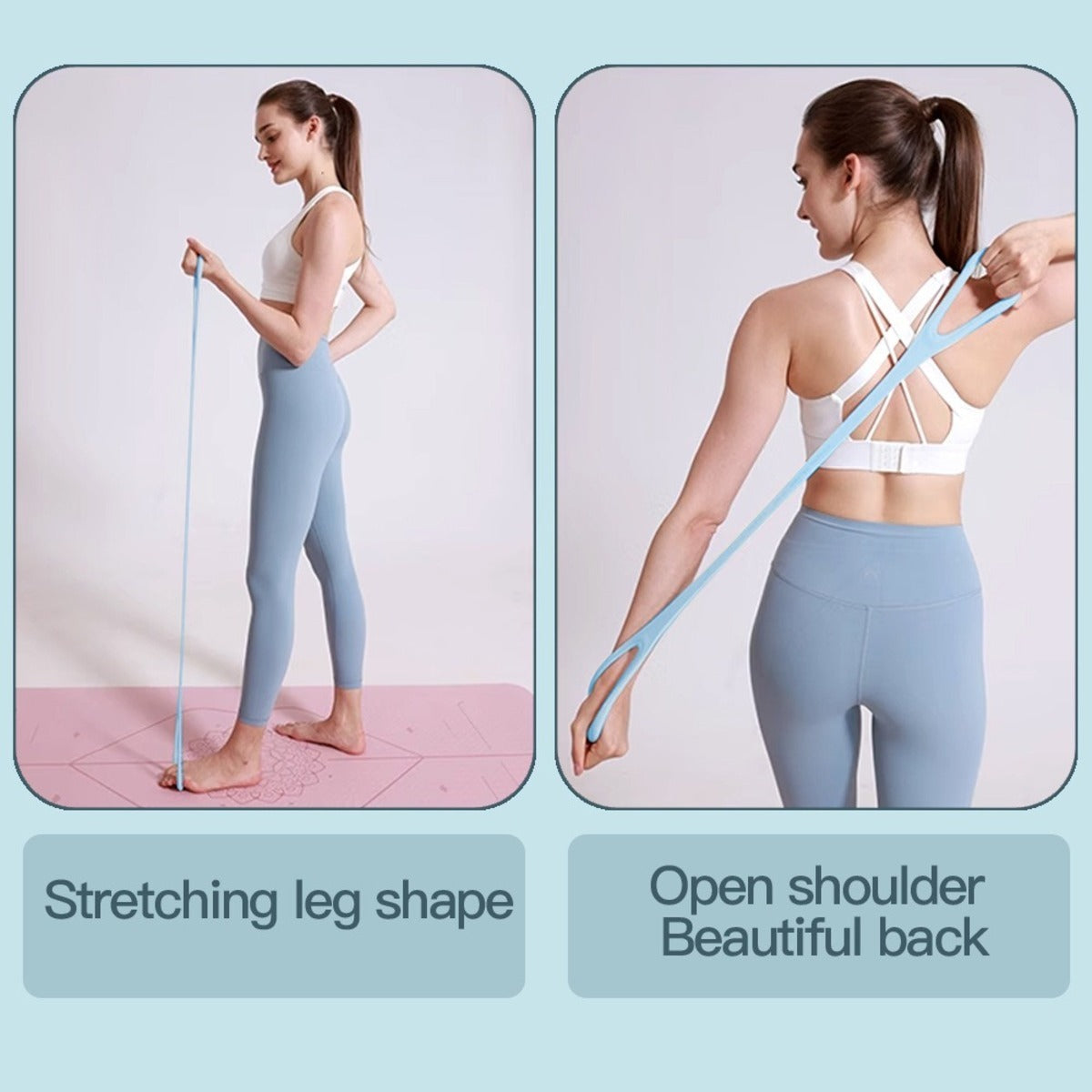Woman exercising with mini resistance band – leg stretch and shoulder workout demonstration
