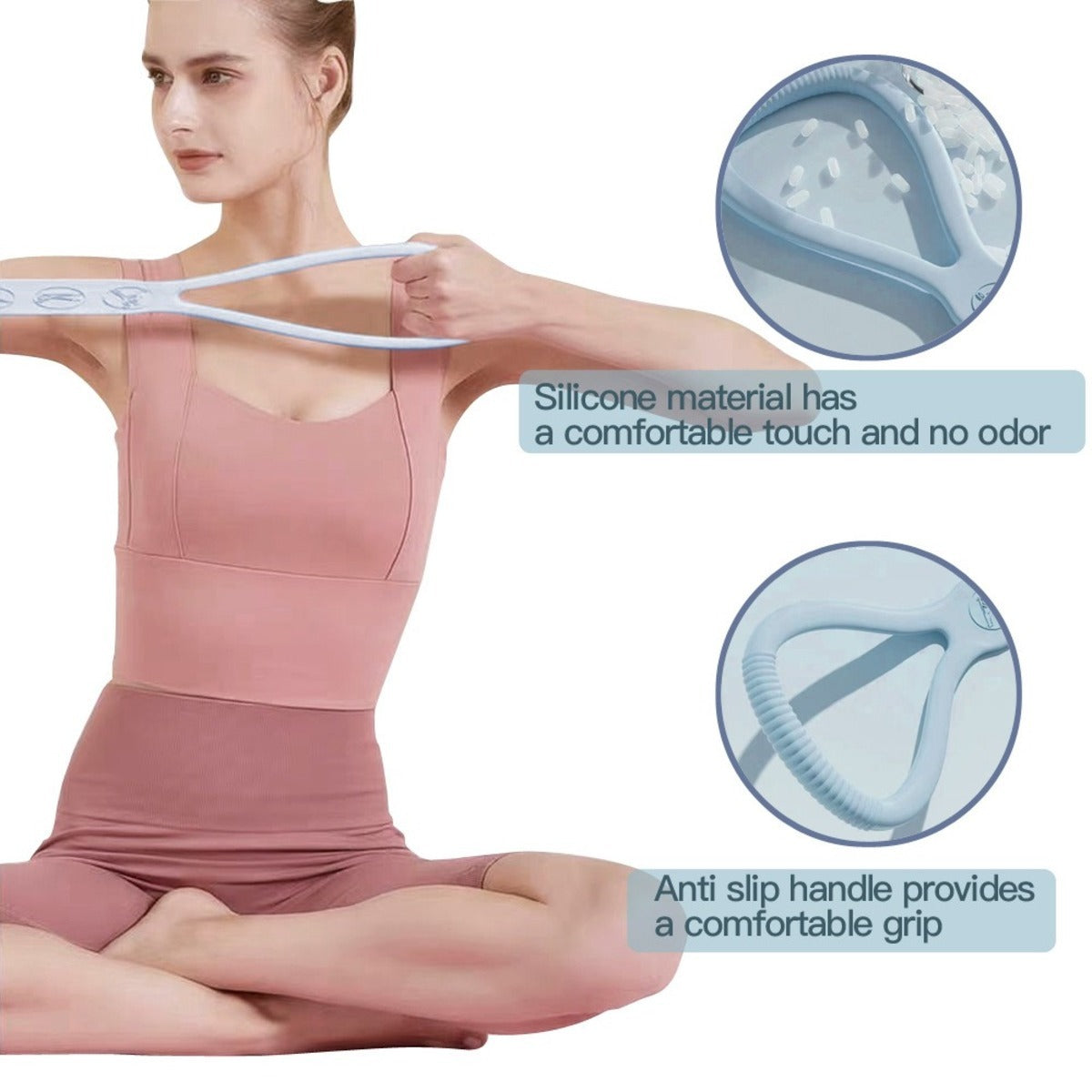 Woman using silicone mini resistance band with anti-slip handle – comfortable grip for fitness and yoga training