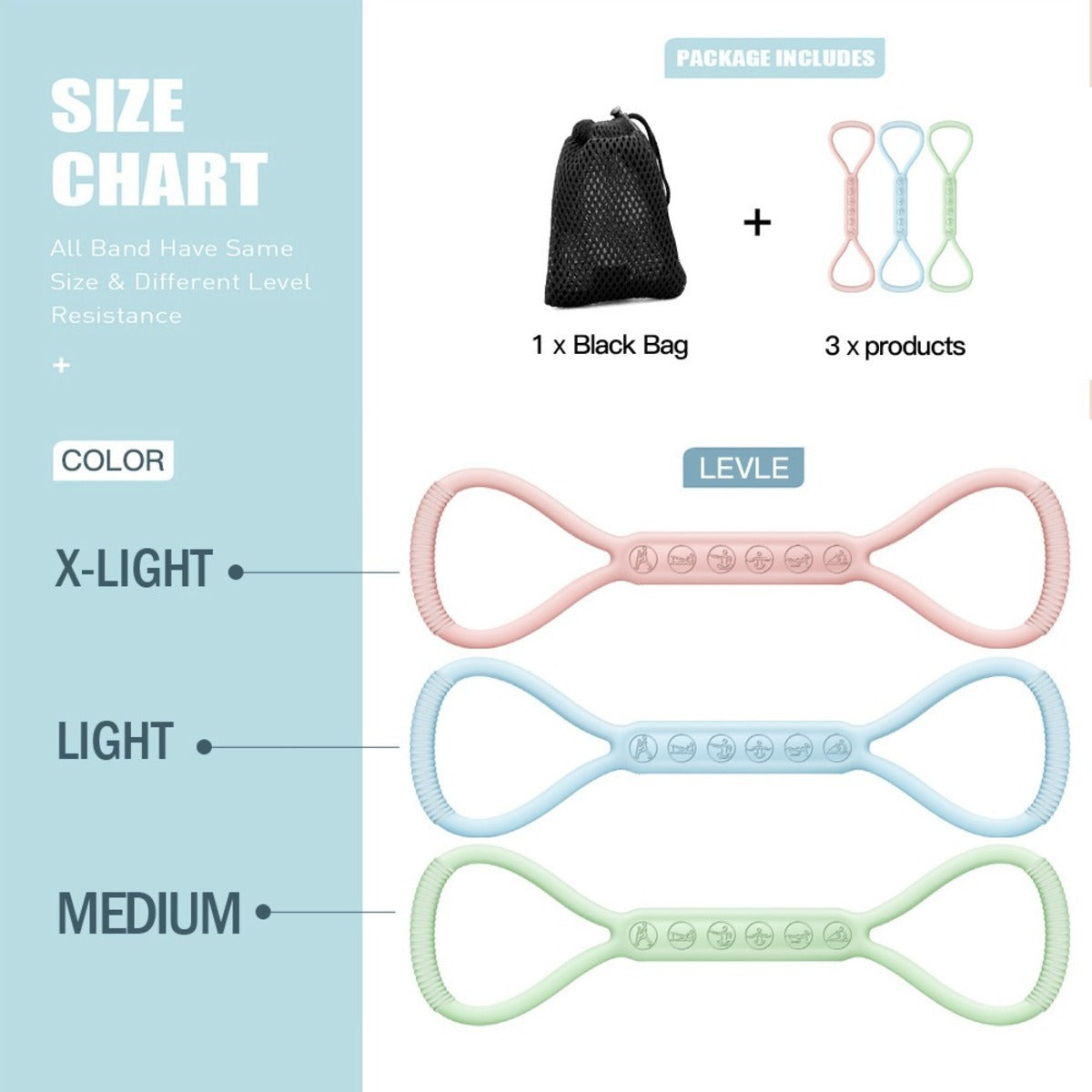 Mini resistance bands set with size chart and carry bag – 3 levels light, medium, extra light