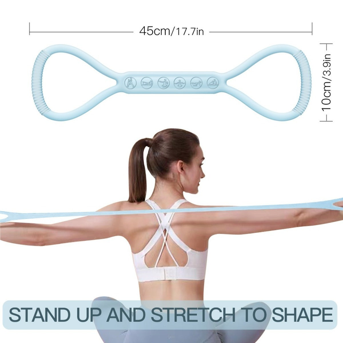 Woman exercising with blue mini resistance band – stretch and full body workout with 45 cm band