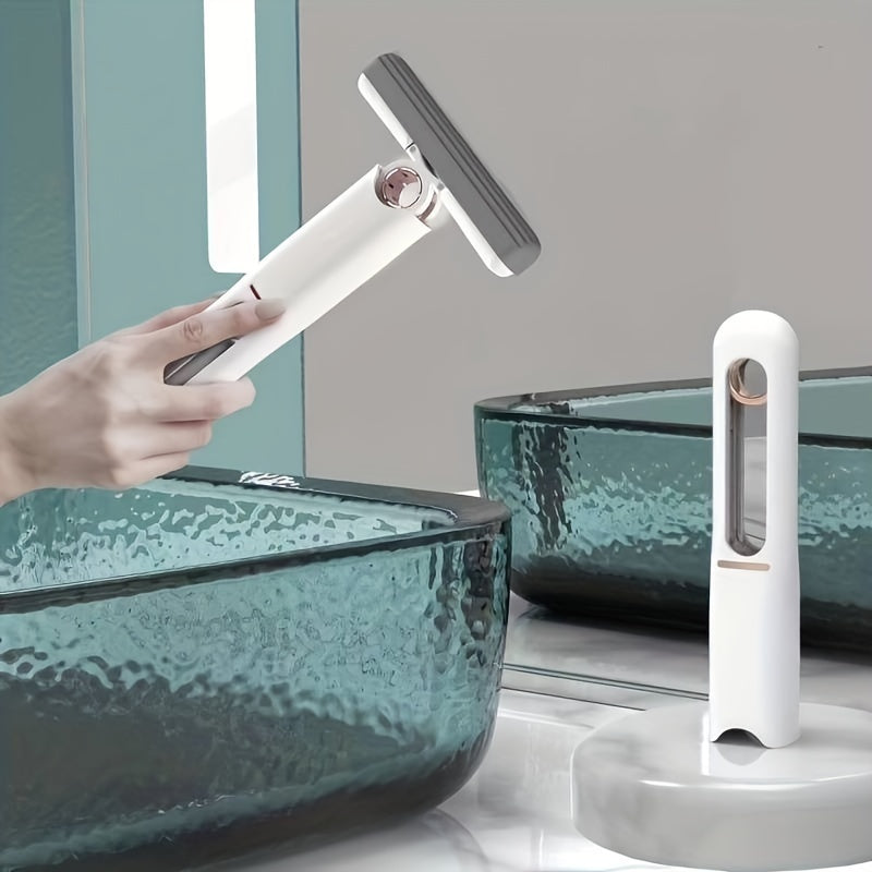 Mini self-squeeze cleaning mop shown in bathroom scene with one in hand and one standing by the sink