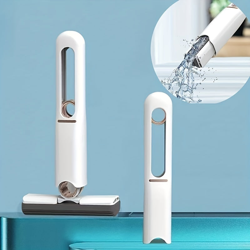 Two mini self-squeeze cleaning mops displayed on blue background with inset showing water release feature
