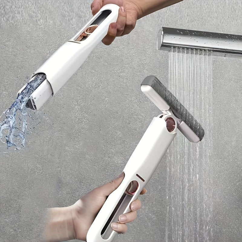 Mini self-squeeze cleaning mop shown being rinsed under water and squeezing out excess liquid during use